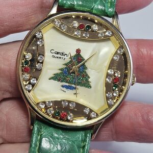 Cardini Quartz Christmas Tree Watch Green Leather Band Needs Battery